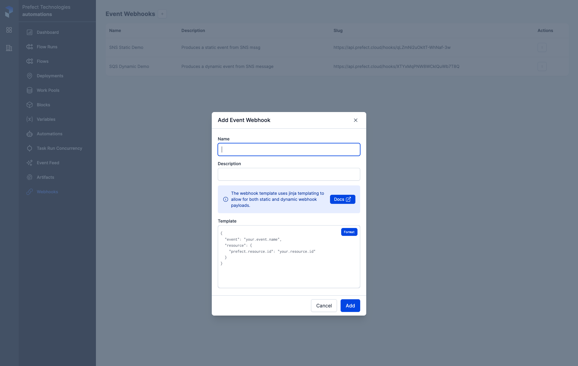 Managing a webhook in the Prefect Cloud UI.