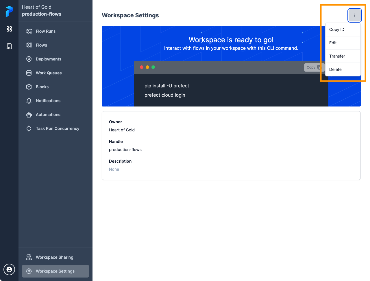 Initiating a workspace transfer in the Prefect Cloud UI.